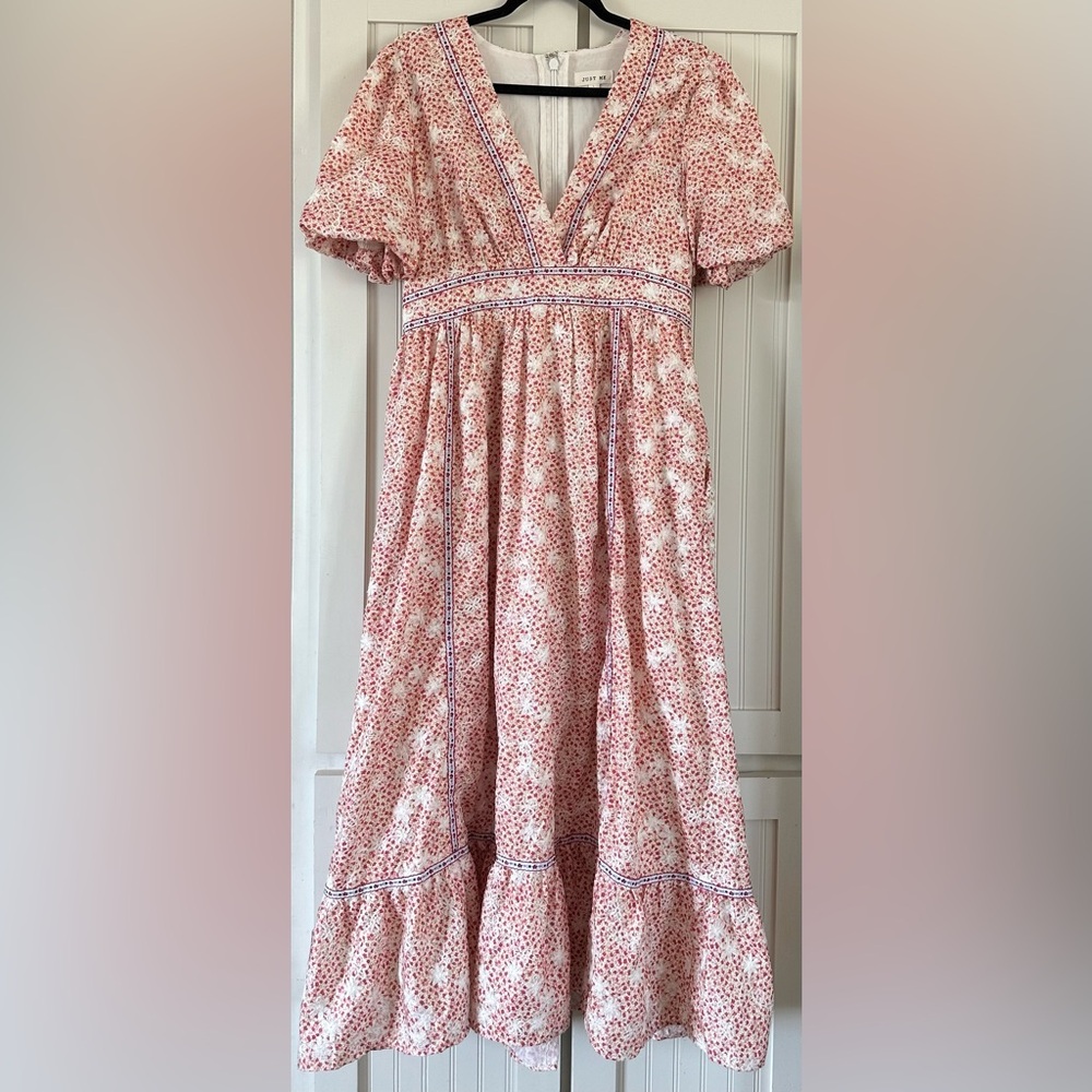 Just Me Floral Maxi Dress Red White Embroidered Boho Prairie Style Size Large